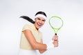 Photo of professional tennis player woman hold racket game excited isolated on grey color background Royalty Free Stock Photo