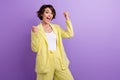 Photo of professional young woman brown bob hair team leader celebrate victory competition companies isolated on purple Royalty Free Stock Photo