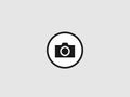 Photo profile icon. Black camera in circle image of digital photography with flash technology equipment.