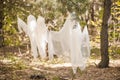 Photo project for Halloween in nature. Three white ghosts in the forest of gauze Royalty Free Stock Photo