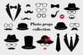 Photo props collections. Retro party set with glasses, mustache, beard, hats, texedo and lips. Vector Royalty Free Stock Photo