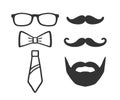 Photo props set. Glasses, moustache, bow and tie for selfie. Collection of male photo accessories. Photobooth set