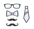 Photo props set. Glasses, moustache, bow and tie for selfie. Collection of male photo accessories. Photobooth set