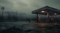 Eerily Realistic Gas Station In A Foggy Landscape