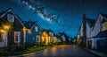 Ai generated quiet residential street illuminated by a starry night sky