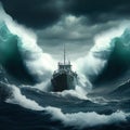 Photo of raging ocean with boat huge battle generative ai