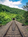 Photo of a railway track passing through a tunnel cut through a hill full of green plants Royalty Free Stock Photo