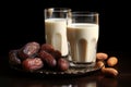 Photo of ramadan fooddates palm with milk glasses. Generate Ai
