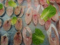 Photo of raw fish fillet on the ice close up Royalty Free Stock Photo