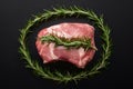 Photo Raw lamb adorned with rosemary, striking contrast on black backdrop