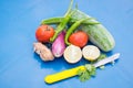 Photo about raw vegetables on blue background. Vegetables on table