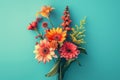 photo-realistic, arrangement of flowers. The composition negative space in the center against a minimalist turquoise background.