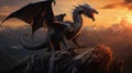 Photo realistic, beautiful majestic black dragon, opulent, mountain background sunset