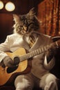 A photo of a realistic cat that wears a white suit as Elvis Presley is playing an acoustic guitar