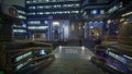 Photo realistic 3D illustration of a dark moody night scene in a futuristic cyberpunk city environment Royalty Free Stock Photo