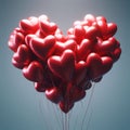 Photo-realistic depiction of a bunch of shiny, red, heart-shaped balloons against a solid blue background.
