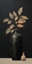 Realistic Figurative Painting: Black Vase With Leaves In Burma Art Style