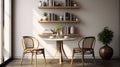 Subtle Earthy Tones: 3d Rendering Of A Charming Room With Table, Bookshelf, Chairs, And Flowerpot