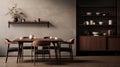 Minimalistic Japanese Dining Room With Wooden Chairs And Dark Wood Surfaces