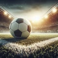 Photo-realistic image of a soccer ball on a grass field in a stadium, with the against the backdrop of glowing spotlights Royalty Free Stock Photo