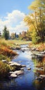 Realistic Painting Of A Serene River In Autumn