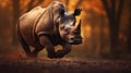 Photo-realistic Rhinoceros Running Through Forest At Sunset