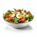 Photo Realistic Salad Bowl With Eggs, Tomatoes, And Green Leafy Vegetables