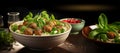 Photo of a realistic spaghetti pasta with meatballs and tomato sauce. The concept of tasty food. Selective focus Royalty Free Stock Photo