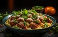 Photo of a realistic spaghetti pasta with meatballs and tomato sauce. The concept of tasty and healthy food. Selective Royalty Free Stock Photo