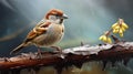 Photo Realistic Sparrow Art: Precisionist Style With Rainstorm And Berries