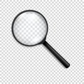 Photo-realistic vector 3d black magnifying glass or Loup icon closeup isolated on transparency grid background. Design