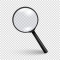 Photo-realistic vector 3d black magnifying glass or Loup icon closeup isolated on transparency grid background, side