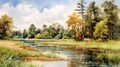 Photo-realistic Watercolor Landscape Painting With River And Ornithological Details In Uhd