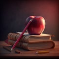 Photo of red apple on brown vintage thick books, white paper and pink ribbon. Generative AI Royalty Free Stock Photo