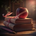 Photo of red apple on brown vintage thick books, white paper and pink ribbon. Generative AI Royalty Free Stock Photo