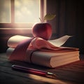 Photo of red apple on brown vintage thick books, white paper and pink ribbon. Generative AI Royalty Free Stock Photo