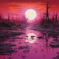 Retro-futuristic Cyberpunk Oil Painting: Melting Dead Trees Across Pink Water