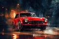 Photo of a red sports car speeding through rain-soaked city streets Royalty Free Stock Photo