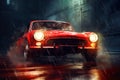 Photo of a red sports car speeding through rain-soaked city streets Royalty Free Stock Photo