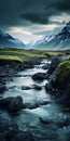 Serene River Flowing Through Majestic Mountains In Striking Contrast