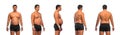 Photo reference pack with anatomy of fat man want to lose weight and become a slim athlete. Front, back, side, profile