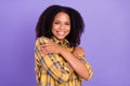 Photo of relaxed inspired lady hands embrace shoulders wear checkered shirt isolated purple color background