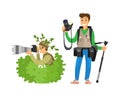 Photo Reporter in Bush, Vector. Photojournalist