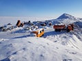 Photo of a residential town at a quarry for the extraction of sand. Snow-covered tundra, Russia, Gydansky peninsula