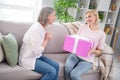 Photo of retired happy old woman and charming old lady hold present box smile indoors inside house home Royalty Free Stock Photo