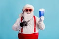 Photo of retired old man grey beard hold passport tickets camera half-time ambitious paparazzi tourist wear santa x-mas