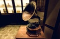 Photo of retro gramophone with disc. Vintage gramophone. Retro music concept. Royalty Free Stock Photo