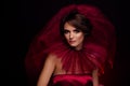 Photo of rich noble lady queen dress red gown for vogue fashionista party over dark color background