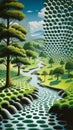 Colorful Landscape Painting With Trees In The Style Of Victor Vasarely