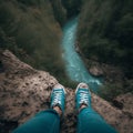 Photo of river in gorge taken down from high cliff, photo shows photographer\'s legs, view from great height into abyss down,